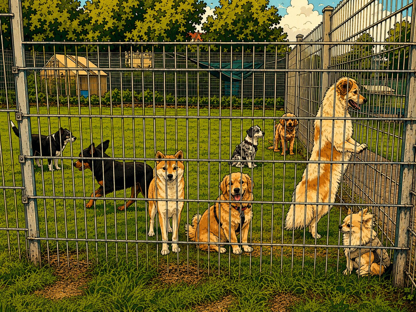 Hunde beim gemeinsamen Spiel im Auslauf des Hundehotel Wegberg