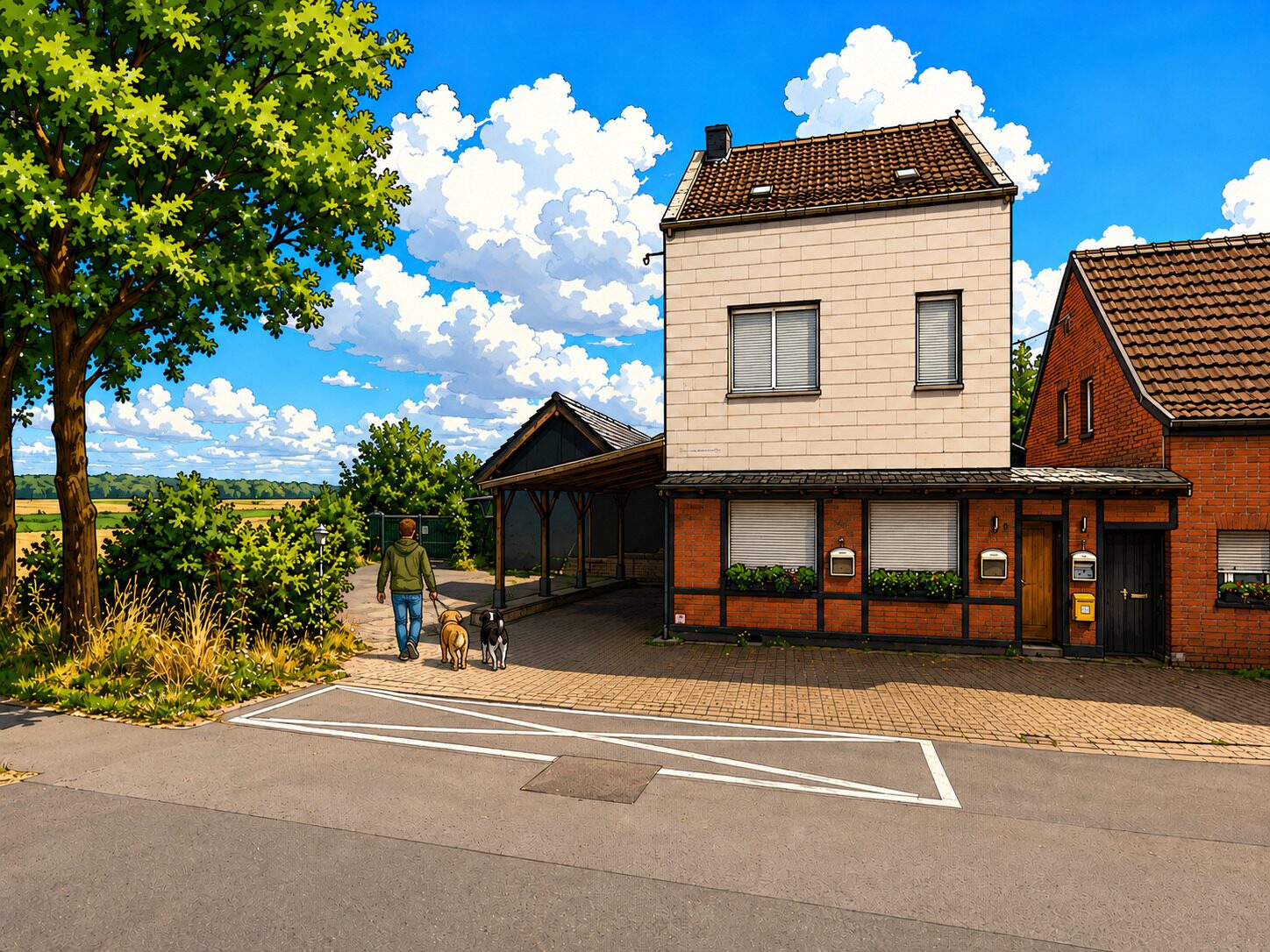 Das Hundehotel Wegberg im Grünen – ein Halter spaziert mit zwei Hunden vor dem Gebäude