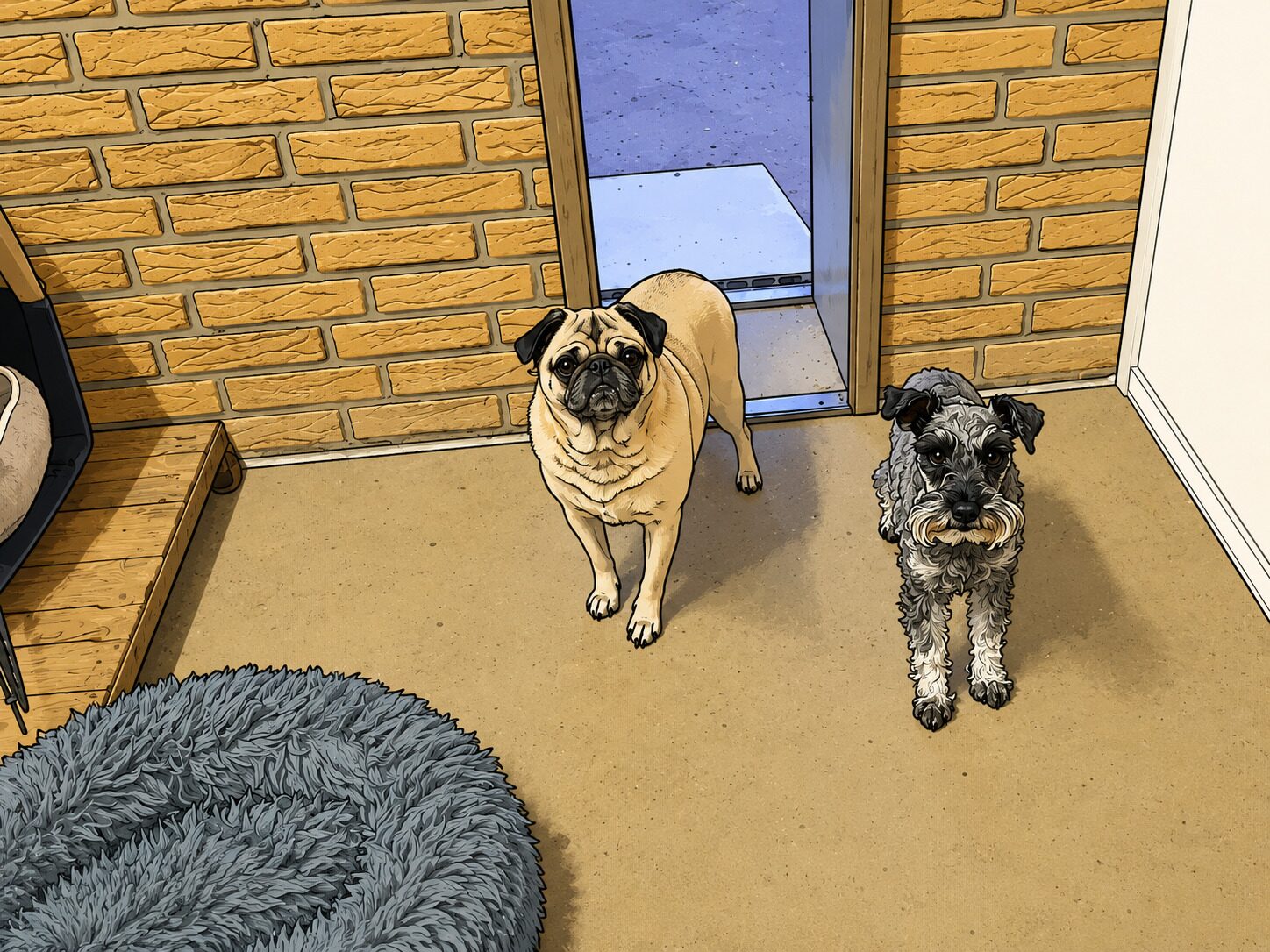 Zwei Hunde &ndash; ein Mops und ein Schnauzer &ndash; im hellen Innenbereich der Hundepension Wegberg, im Vordergrund ein flauschiges Hundebett