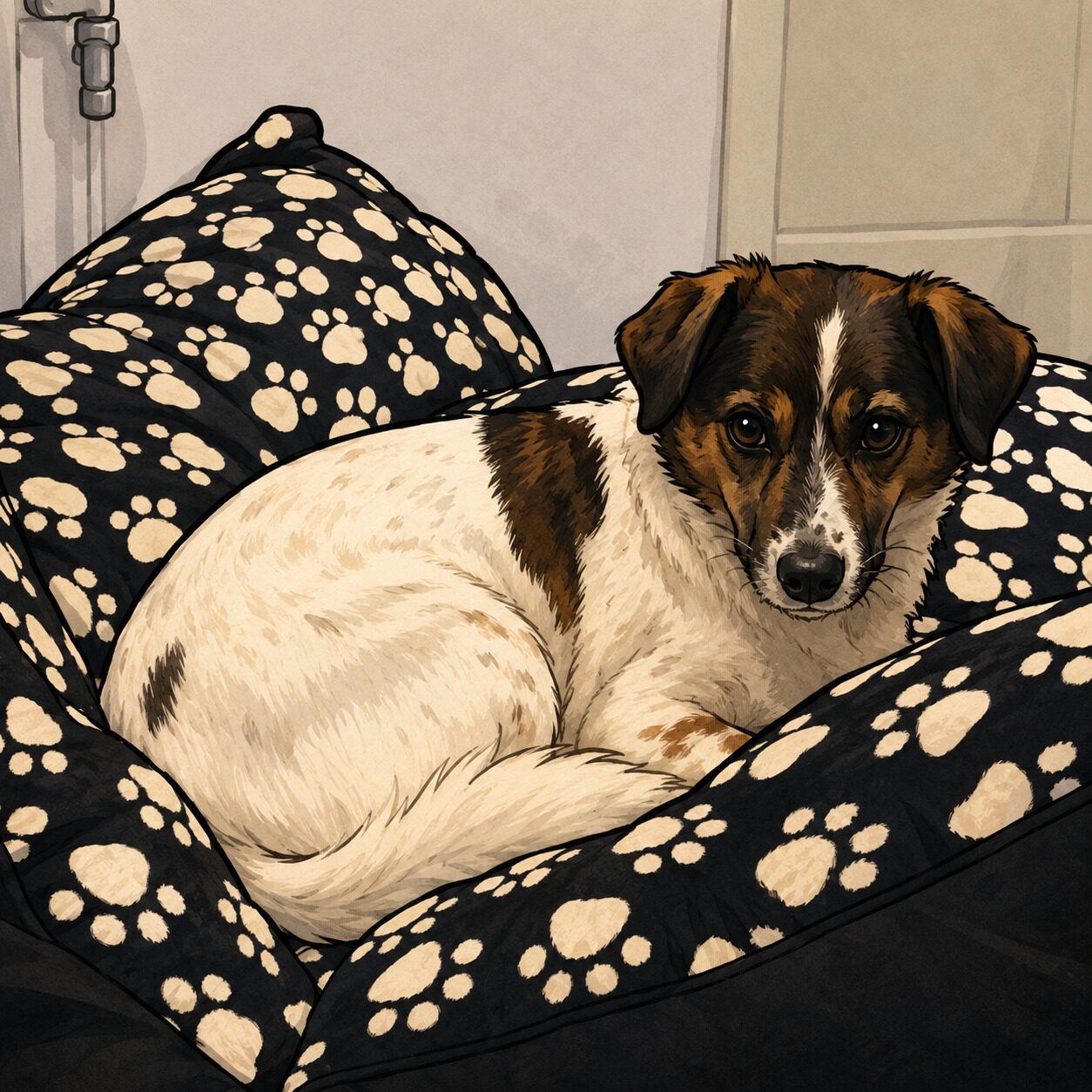 Zufriedener Hund liegt zusammengerollt auf einem weichen Hundebett im Hundehotel Wegberg