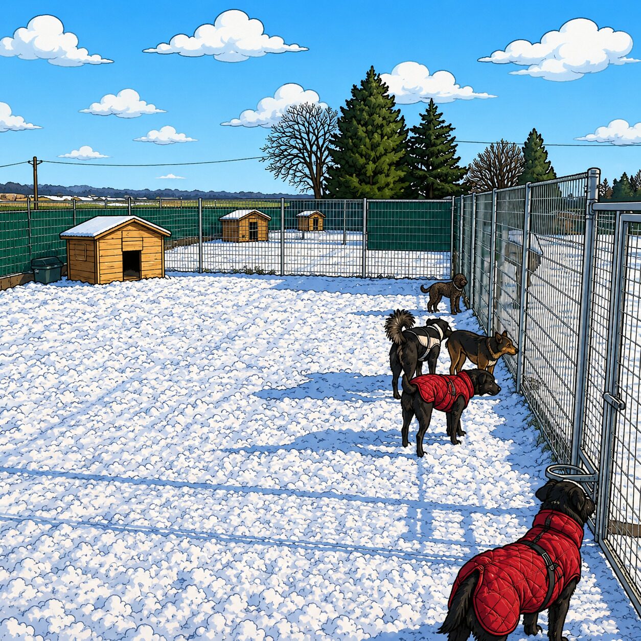 Hunde im Winter auf dem verschneiten Auslaufgelände mit Hundehütten
