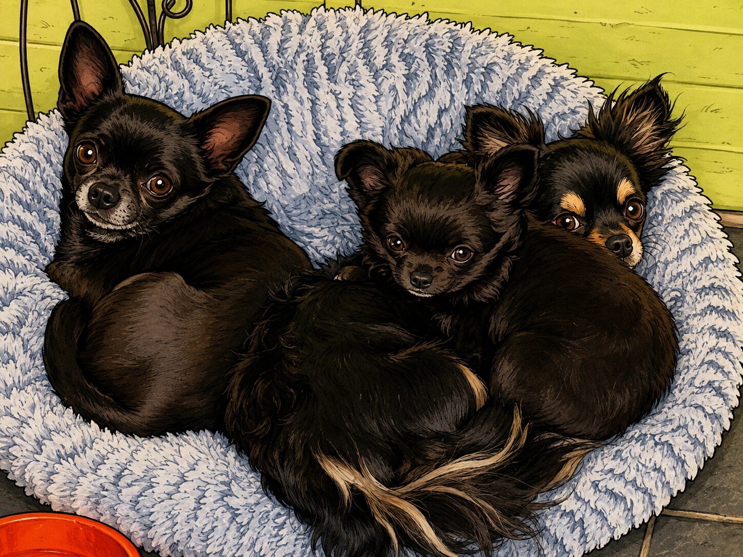 Drei kleine Hunde kuscheln gemeinsam auf einem flauschigen Hundebett