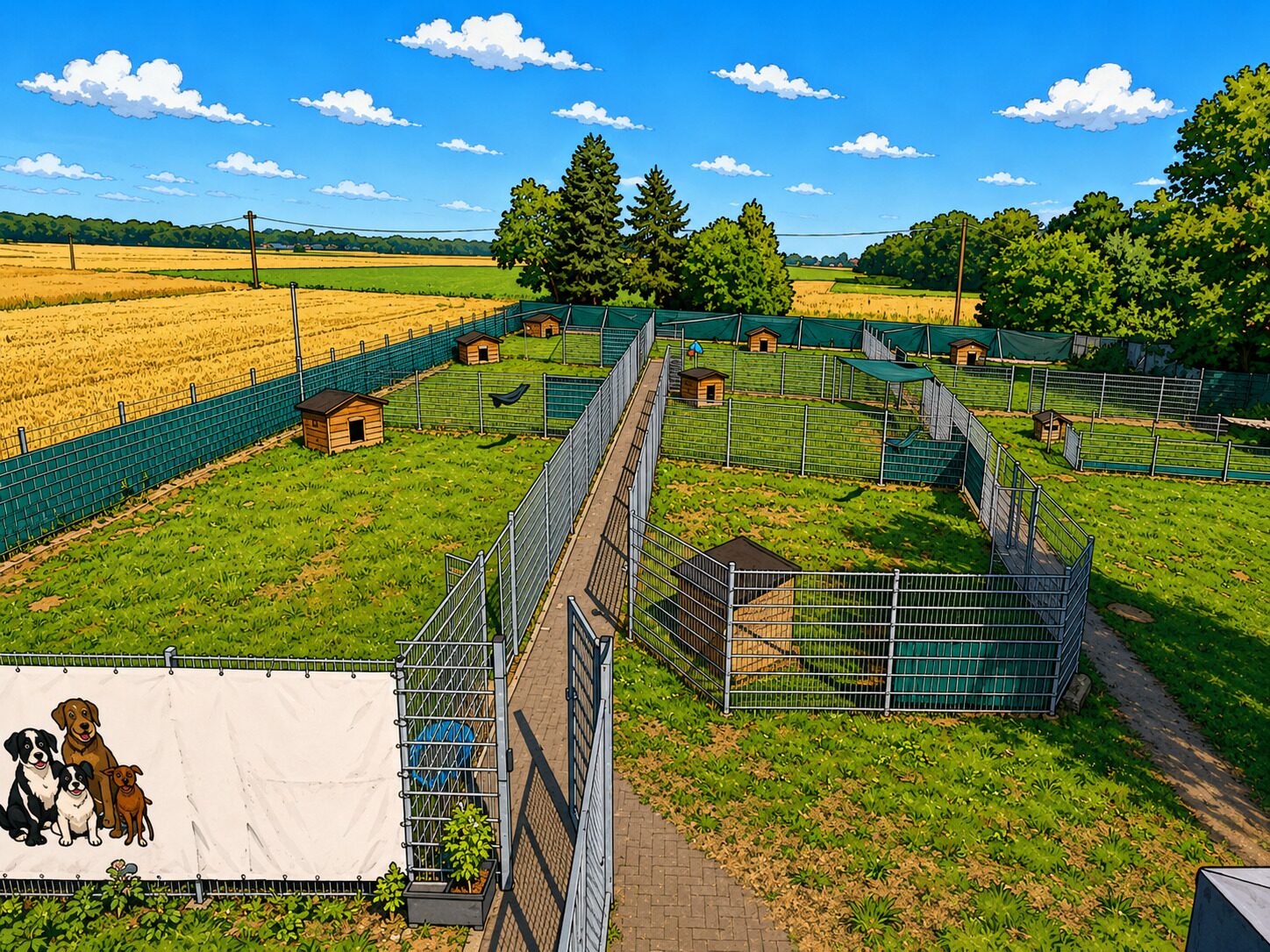 Blick über das weitläufige, eingezäunte Auslaufgelände mit mehreren Paddocks und Hundehütten
