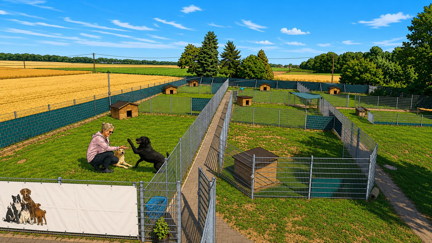 Sonja Eiköter gibt einem Hund auf dem weitläufigen, eingezäunten Gelände des Hundehotel Wegberg die Pfote &ndash; im Hintergrund Paddocks, Hundehütten und Felder