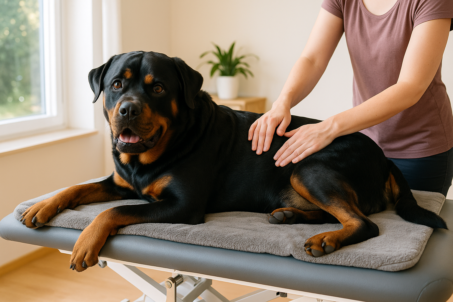 Bild zeigt einen Rottweiler auf einer gemütlichen Physiotherapie Liege